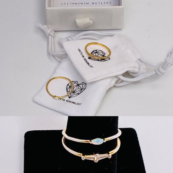 Caitlyn Minimalist Set of 2 Dainty 925 Gold Stacking Rings / Baguette & Opal (9) - Picture 1 of 13
